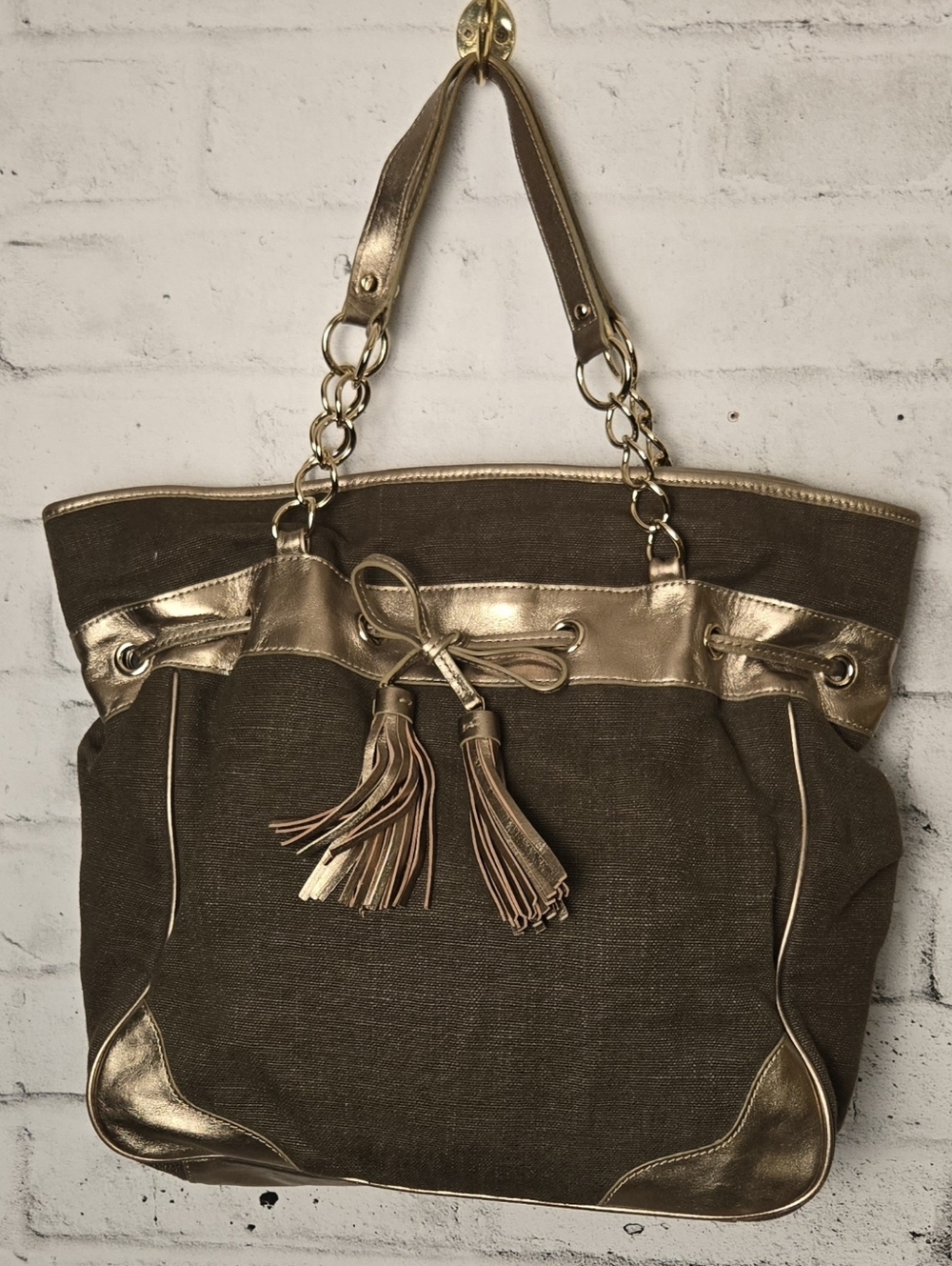 Ann Taylor Gold Brown Tote Bag Tassel Chain Handle Large Shoulder Purse
